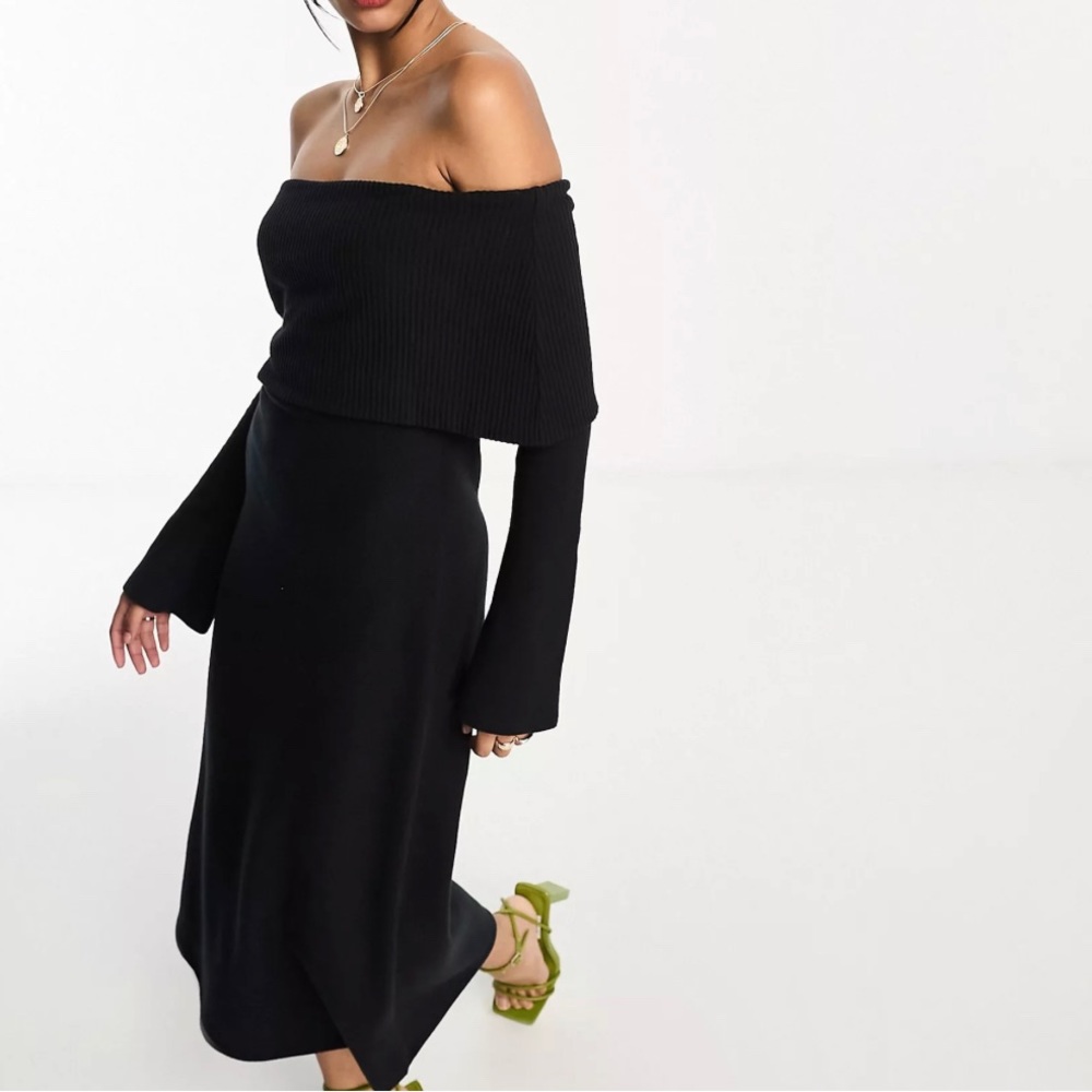 Off should sweater dress with bell sleeves.